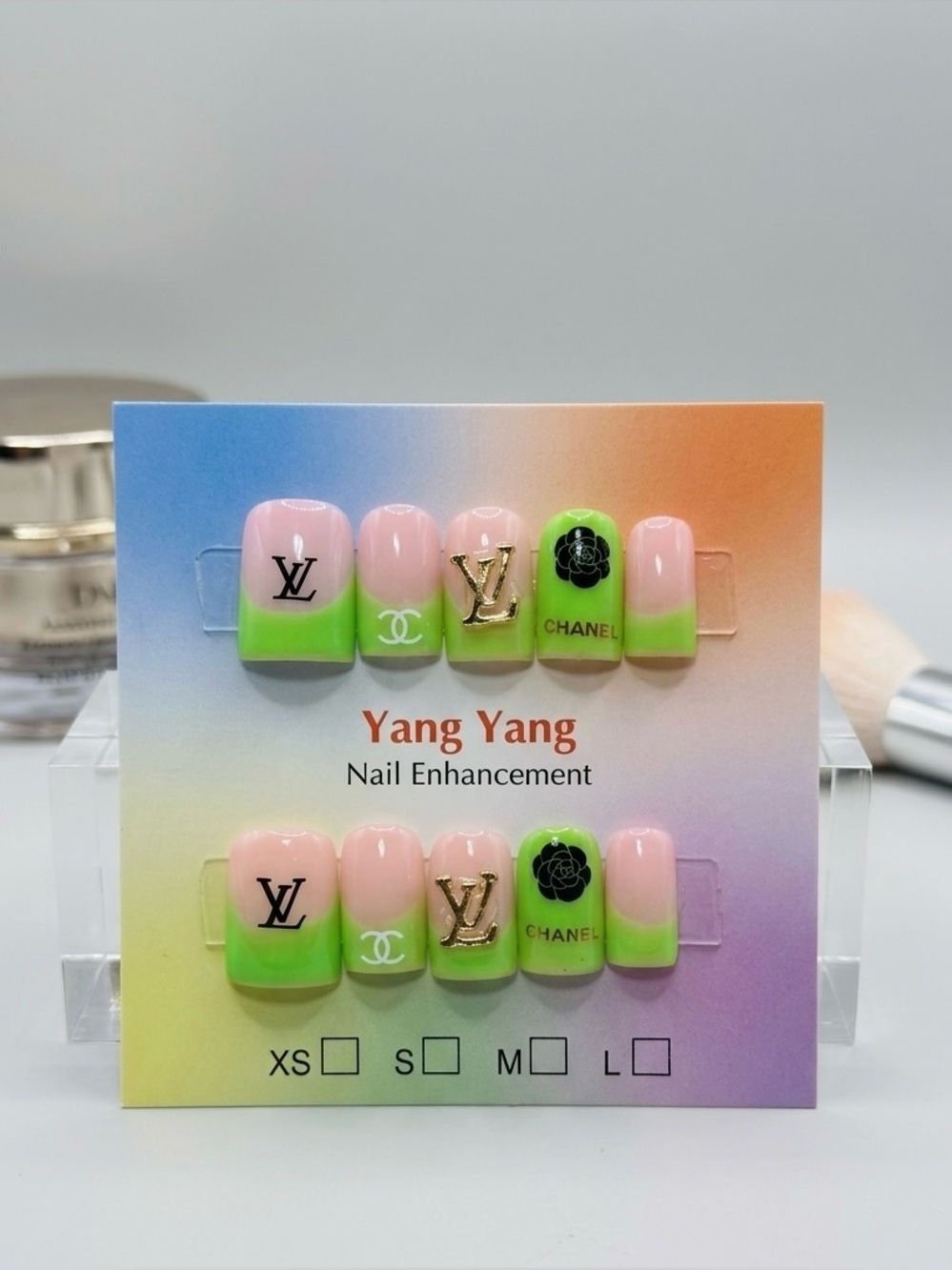 Green French Tip Press-On Nails with Designer Logos